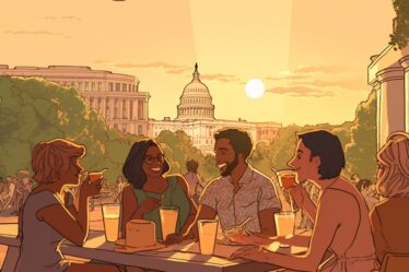Washington DC USA Capitol at a golden hour with diverse people enjoying a tasting room taproom distillery summer green trees outside