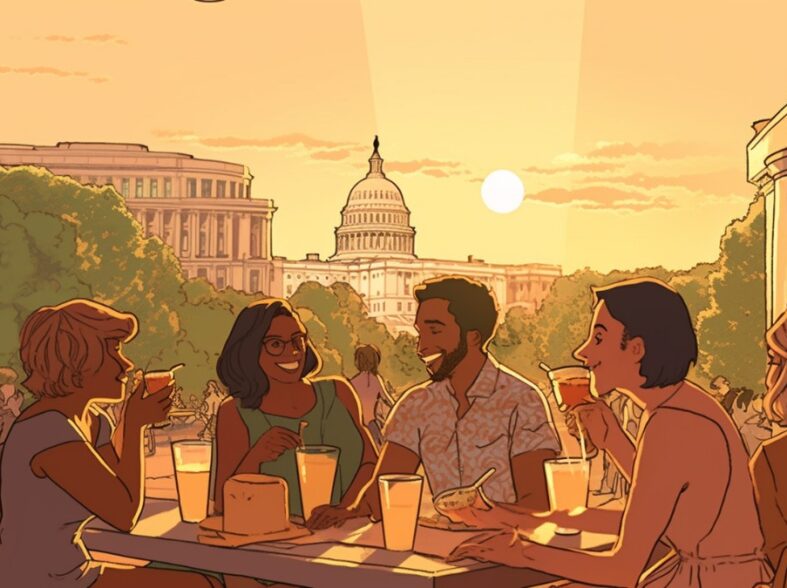 Washington DC USA Capitol at a golden hour with diverse people enjoying a tasting room taproom distillery summer green trees outside